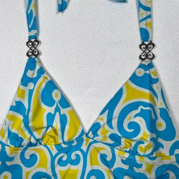 Jantzen Women's Size 14 Halter Swim Tankini Top Metal Accent Blue Yellow Floral - Picture 3 of 9